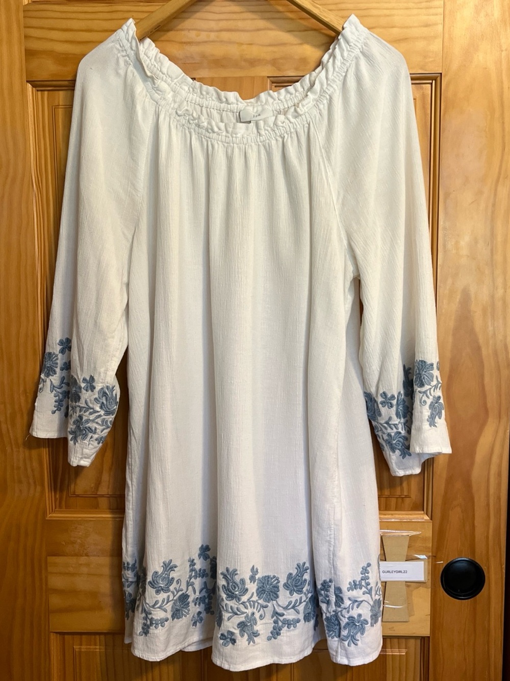 J. Jill White Peasant Top Tunic Dress with Blue Floral Embroidery M
